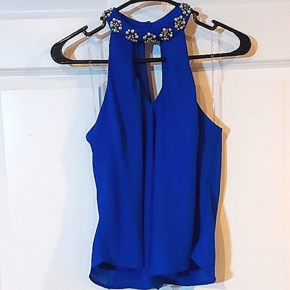 Charlotte Russe Size S Elegant Blue Sleeveless Top with Embellished Neckline